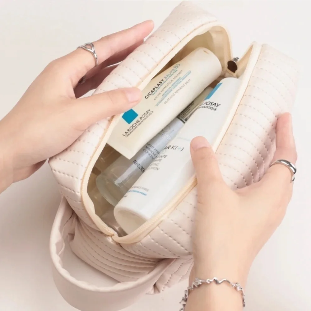 Large beige beauty cosmetics travel bag with strap PU
